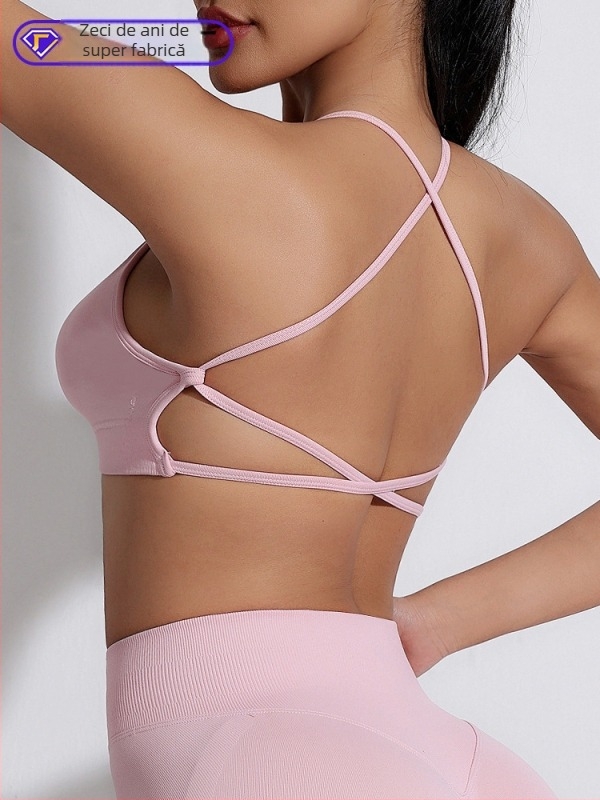 Sutien sport fără cusături cu bretele încrucișate la spate, nailon uscat rapid 90% și elastan 10% în căptușire, cu pernuțe detașabile