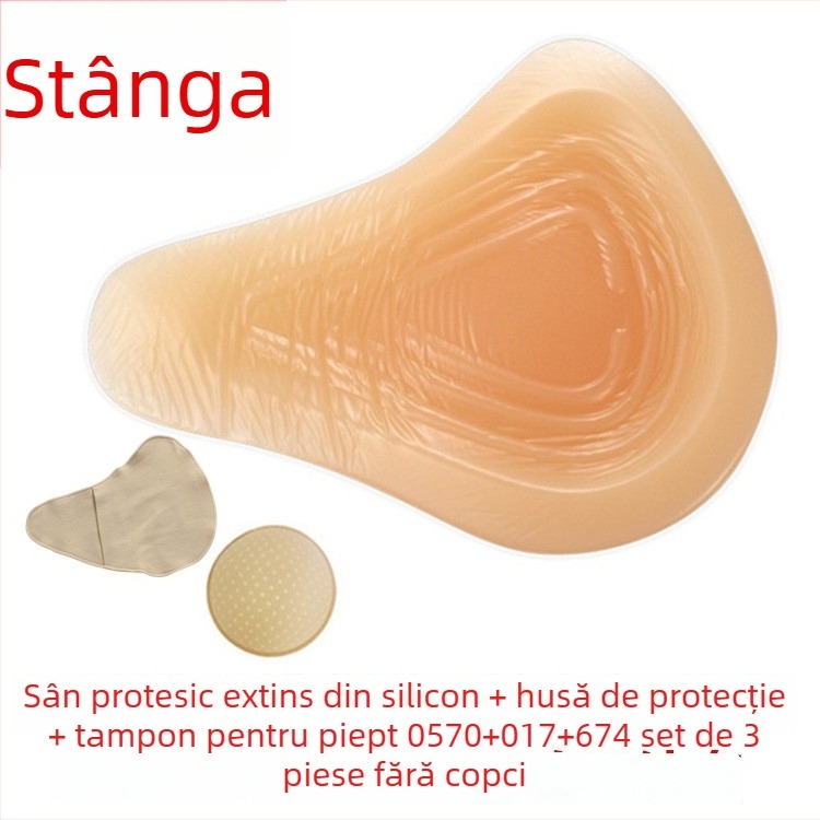 Proteză mamară din silicon postoperatorie cu husă de protecție — formă triunghiulară și circulară, bază concavă, grosime îngroșată