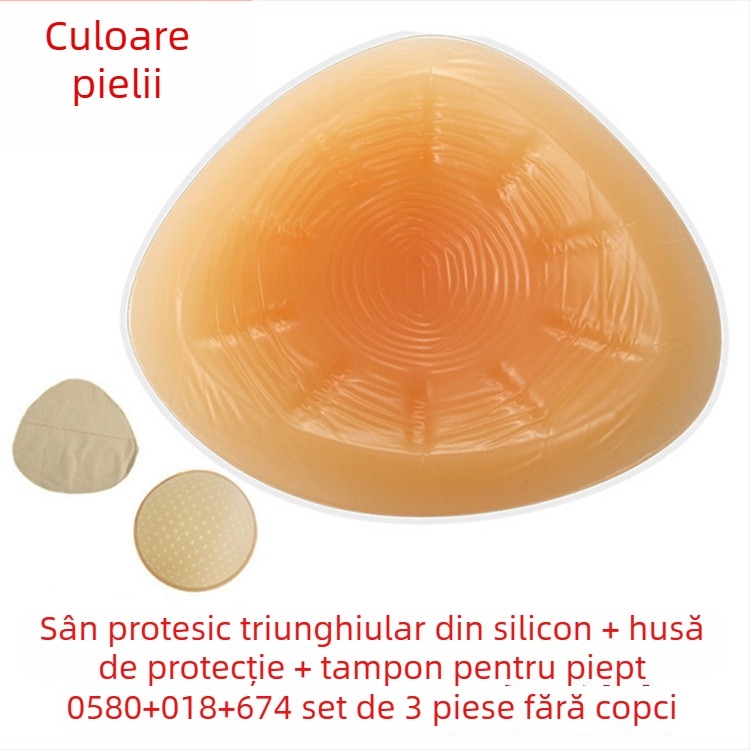 Proteză mamară din silicon postoperatorie cu husă de protecție — formă triunghiulară și circulară, bază concavă, grosime îngroșată