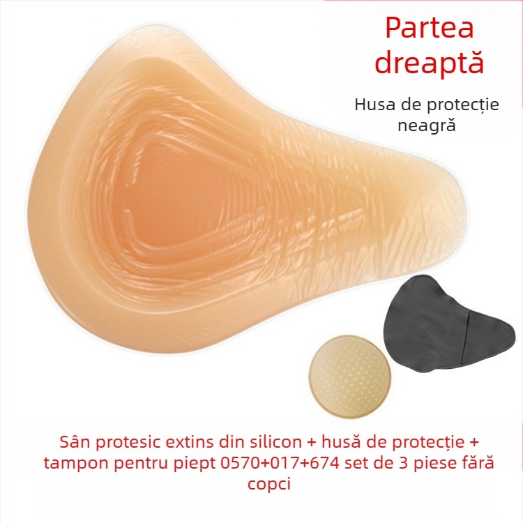 Proteză mamară din silicon postoperatorie cu husă de protecție — formă triunghiulară și circulară, bază concavă, grosime îngroșată