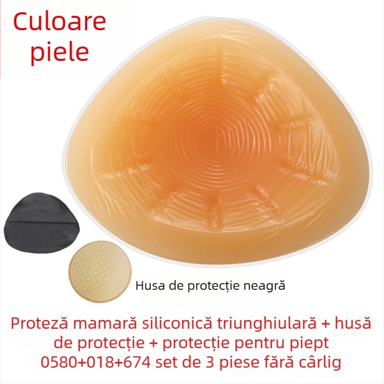 Proteză mamară din silicon postoperatorie cu husă de protecție — formă triunghiulară și circulară, bază concavă, grosime îngroșată