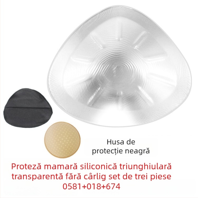Proteză mamară din silicon postoperatorie cu husă de protecție — formă triunghiulară și circulară, bază concavă, grosime îngroșată