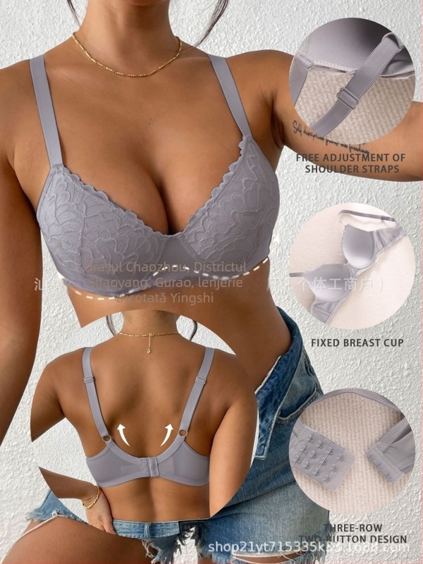 Sutien dantelat cu bretele reglabile, cupa din spumă fină, material principal: nailon, căptușeală din spandex, închidere la spate cu 4 rânduri