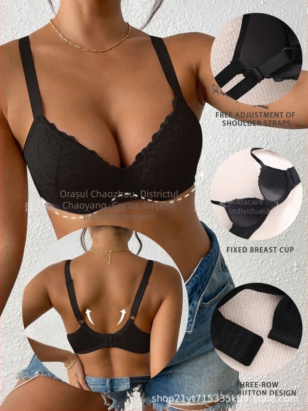 Sutien dantelat cu bretele reglabile, cupa din spumă fină, material principal: nailon, căptușeală din spandex, închidere la spate cu 4 rânduri