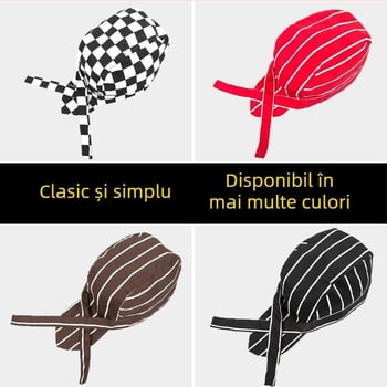 Pălărie de bucătar din bumbac, model cu dungi, construcție warp-knitted, vârf cu cupolă, bandă reglabilă pentru cap