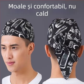 Pălărie de bucătar din bumbac, model cu dungi, construcție warp-knitted, vârf cu cupolă, bandă reglabilă pentru cap