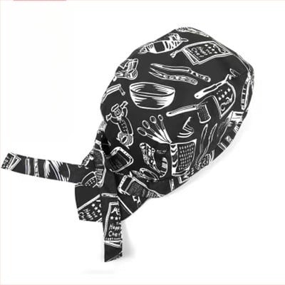 Pălărie de bucătar din bumbac, model cu dungi, construcție warp-knitted, vârf cu cupolă, bandă reglabilă pentru cap