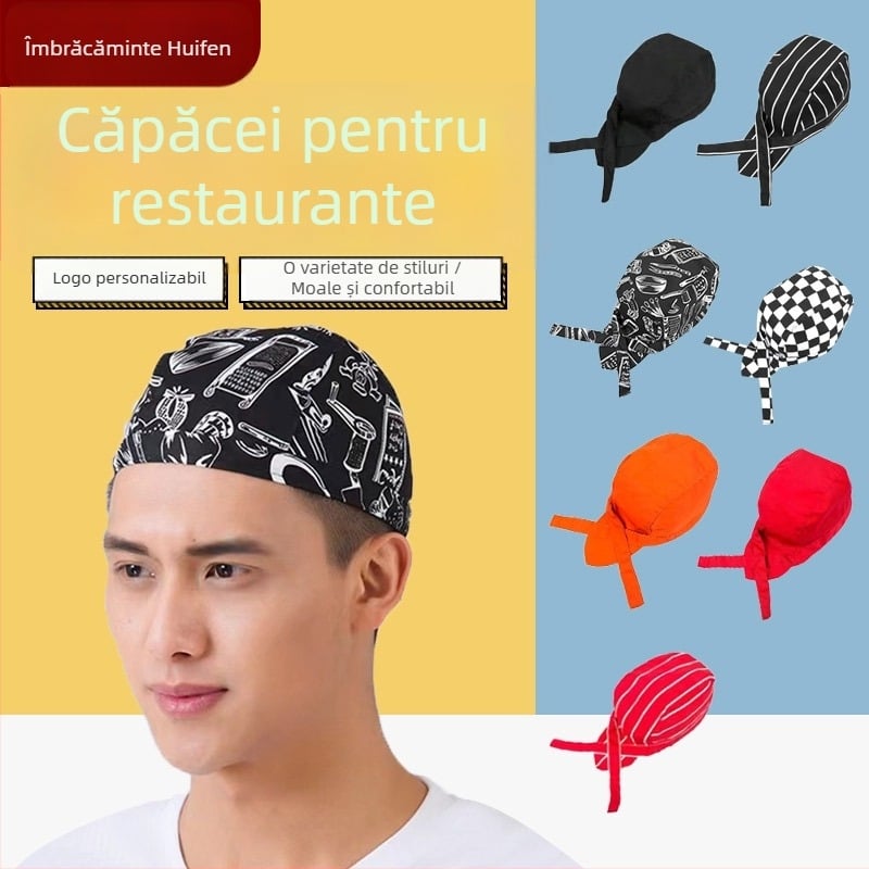 Pălărie de bucătar din bumbac, model cu dungi, construcție warp-knitted, vârf cu cupolă, bandă reglabilă pentru cap