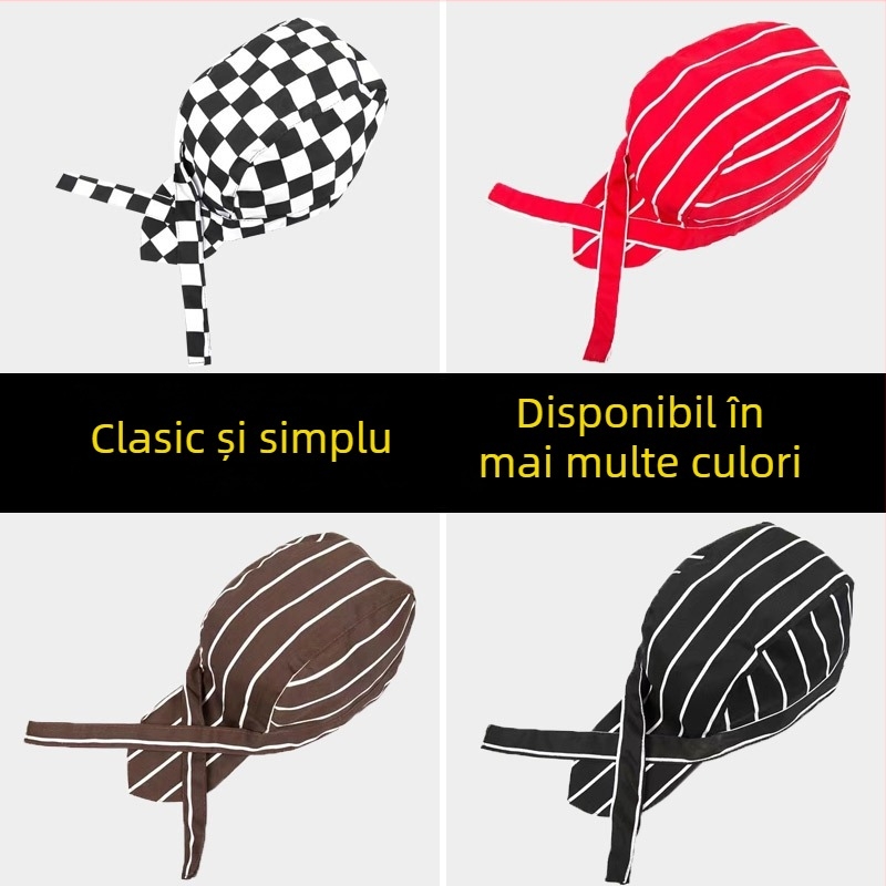 Pălărie de bucătar din bumbac, model cu dungi, construcție warp-knitted, vârf cu cupolă, bandă reglabilă pentru cap