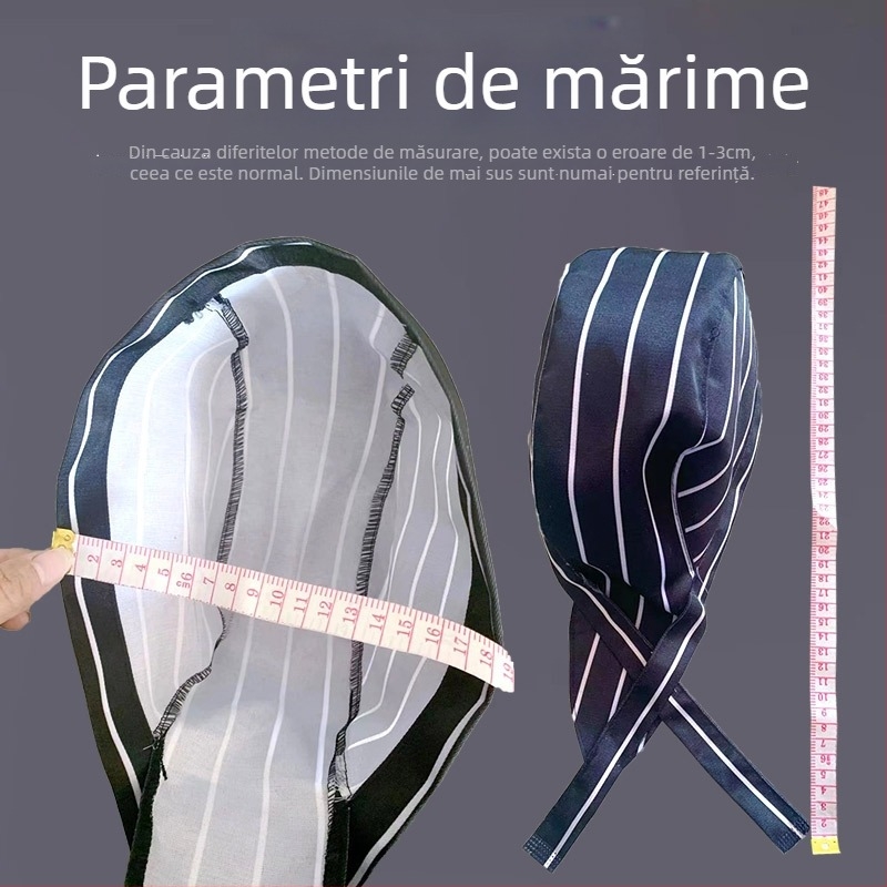 Pălărie de bucătar din bumbac, model cu dungi, construcție warp-knitted, vârf cu cupolă, bandă reglabilă pentru cap
