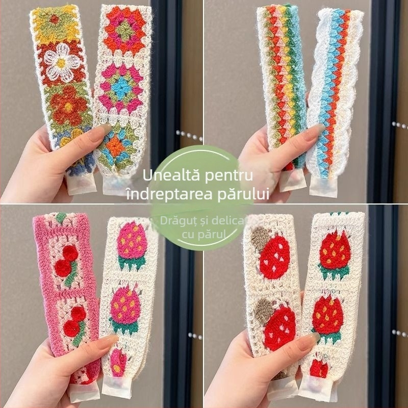 Bentiță de păr tricotată cu fixare adezivă pentru copii, formă de floare, funda, din lână, lucrată manual