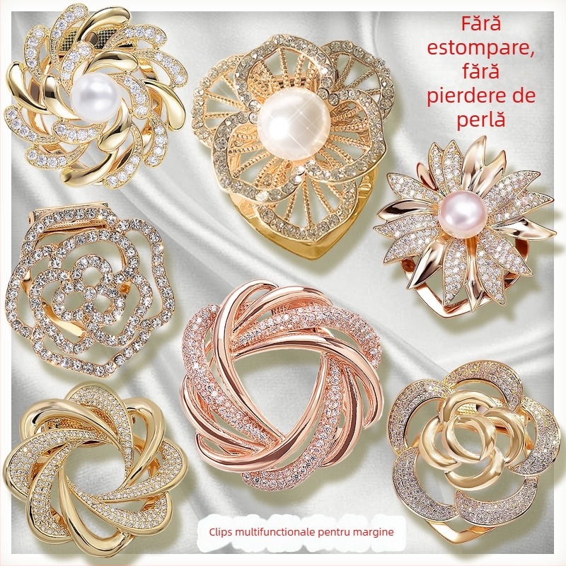 Clip de șal și broșă cu decor floral, aliaj, placare cu aur, personalizabil