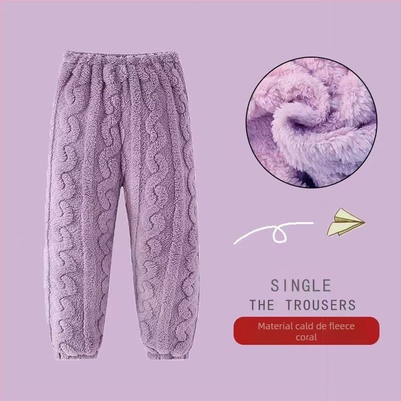 Pantaloni de pijama calzi pentru copii, pentru acasă — catifea corală, poliester 100%, prelucrat prin periere, pentru copii 3–8 ani, iarnă