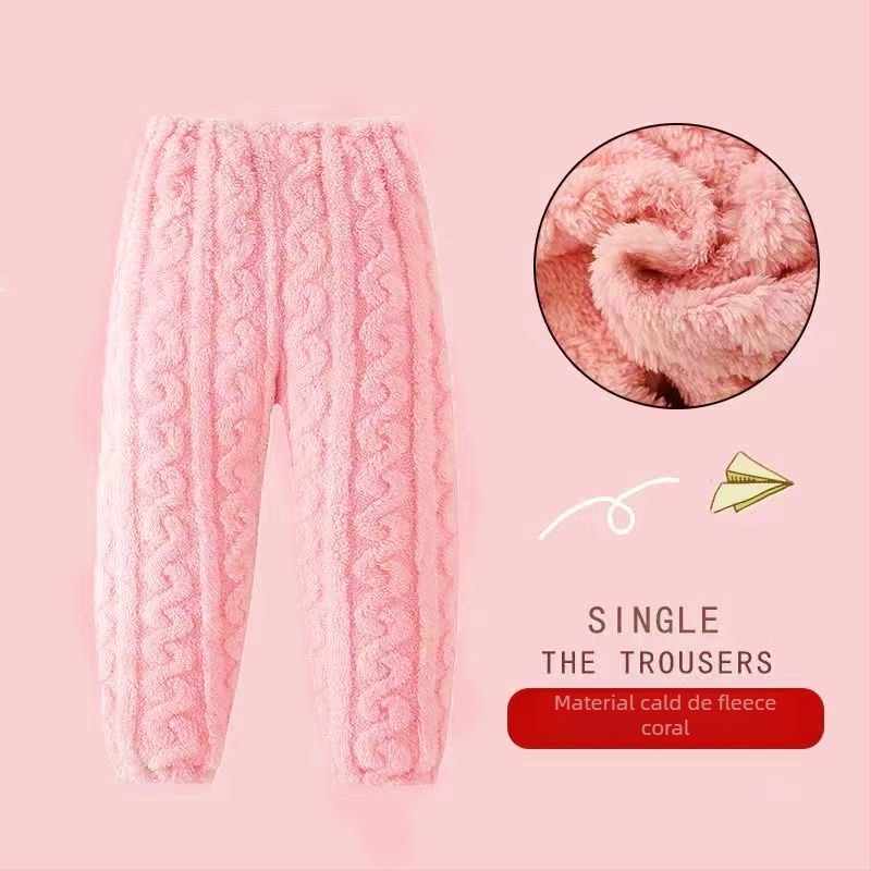 Pantaloni de pijama calzi pentru copii, pentru acasă — catifea corală, poliester 100%, prelucrat prin periere, pentru copii 3–8 ani, iarnă