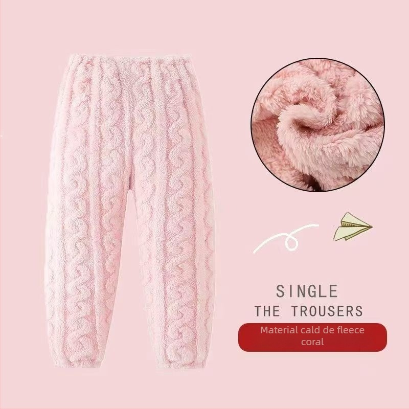 Pantaloni de pijama calzi pentru copii, pentru acasă — catifea corală, poliester 100%, prelucrat prin periere, pentru copii 3–8 ani, iarnă
