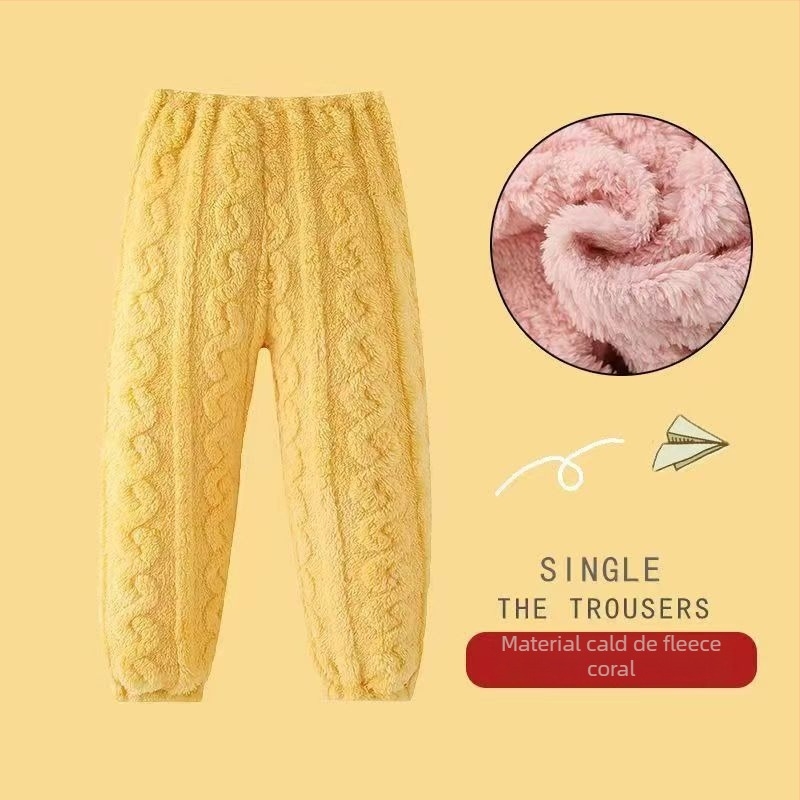 Pantaloni de pijama calzi pentru copii, pentru acasă — catifea corală, poliester 100%, prelucrat prin periere, pentru copii 3–8 ani, iarnă