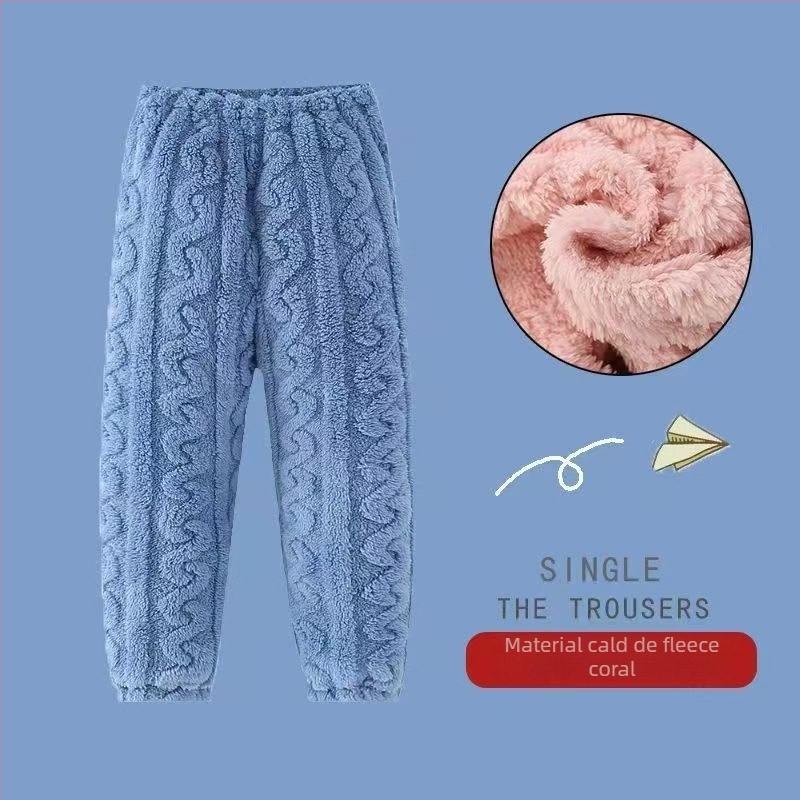 Pantaloni de pijama calzi pentru copii, pentru acasă — catifea corală, poliester 100%, prelucrat prin periere, pentru copii 3–8 ani, iarnă