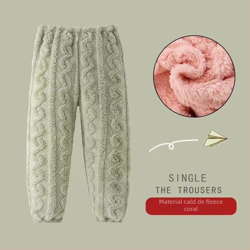 Pantaloni de pijama calzi pentru copii, pentru acasă — catifea corală, poliester 100%, prelucrat prin periere, pentru copii 3–8 ani, iarnă