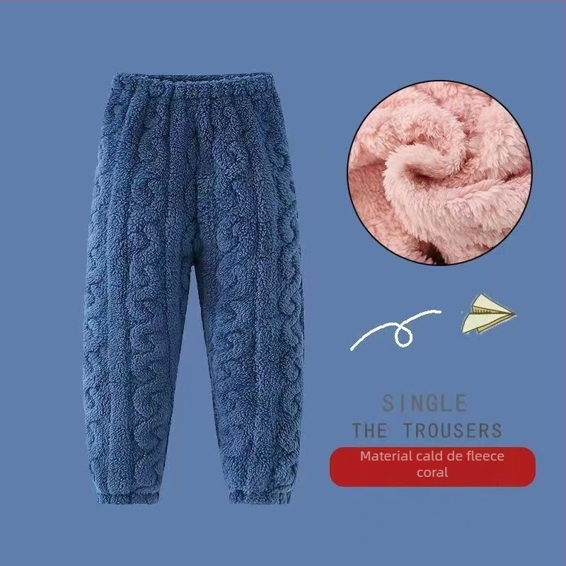 Pantaloni de pijama calzi pentru copii, pentru acasă — catifea corală, poliester 100%, prelucrat prin periere, pentru copii 3–8 ani, iarnă