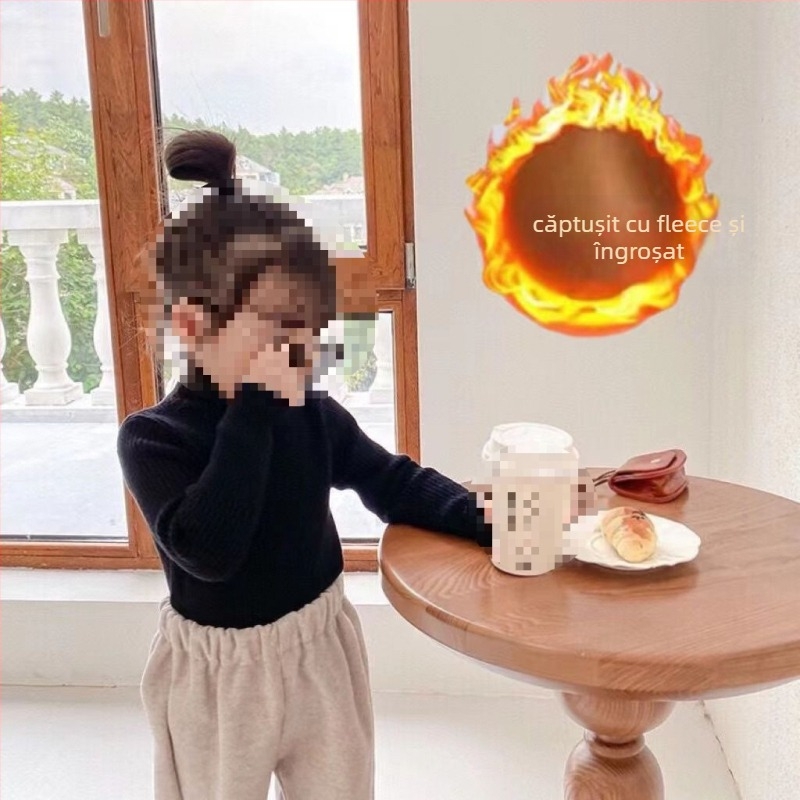 Top tricotat pentru copii, stil coreean, din bumbac, guler semi-înalt cu model rib, mâneci lungi, 30% bumbac