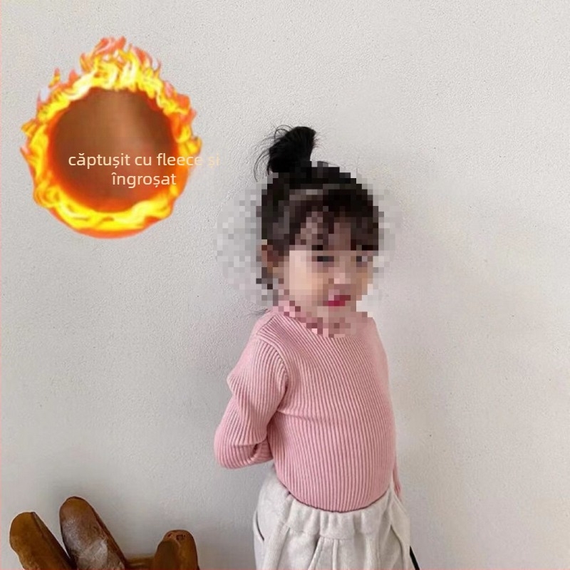 Top tricotat pentru copii, stil coreean, din bumbac, guler semi-înalt cu model rib, mâneci lungi, 30% bumbac