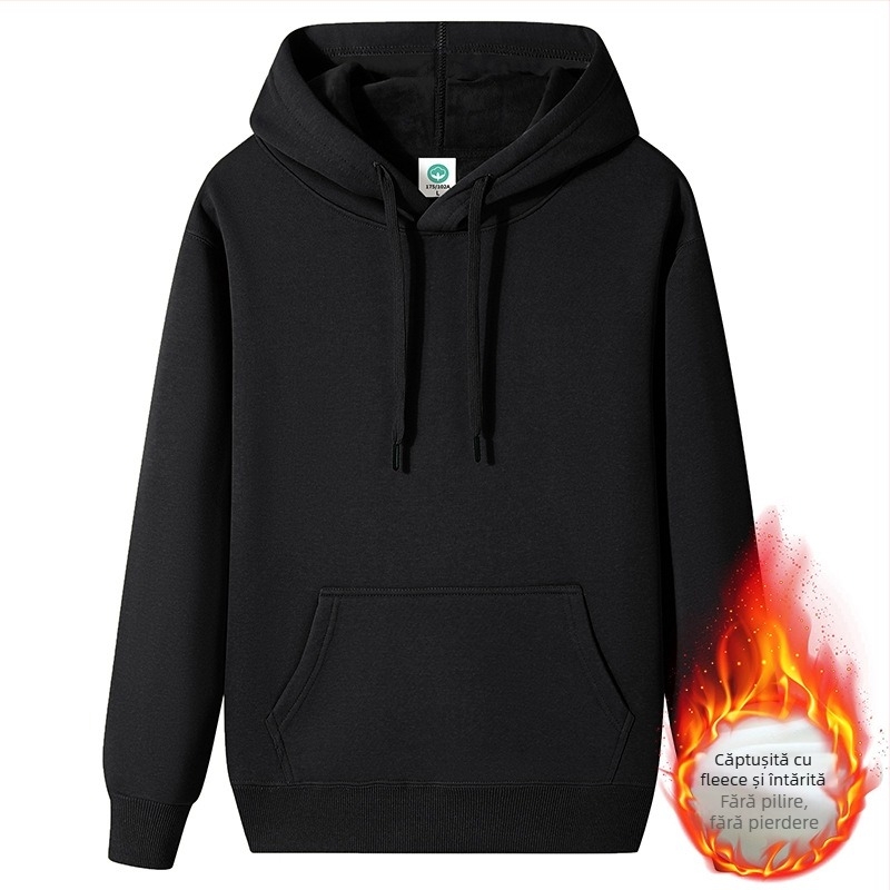 Hanorac cu glugă din bumbac compozit, căptușit cu lână și fleece, croială lejeră (Material principal: bumbac compozit, Captusire: lână, Grosime: fleece, Croială: lejer, Greutate: 400g+)