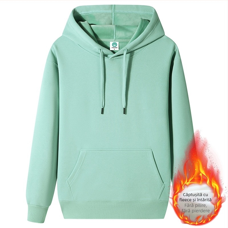 Hanorac cu glugă din bumbac compozit, căptușit cu lână și fleece, croială lejeră (Material principal: bumbac compozit, Captusire: lână, Grosime: fleece, Croială: lejer, Greutate: 400g+)