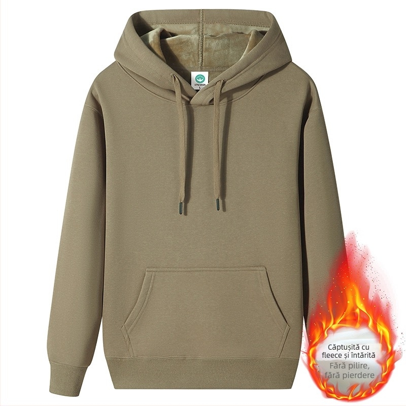 Hanorac cu glugă din bumbac compozit, căptușit cu lână și fleece, croială lejeră (Material principal: bumbac compozit, Captusire: lână, Grosime: fleece, Croială: lejer, Greutate: 400g+)