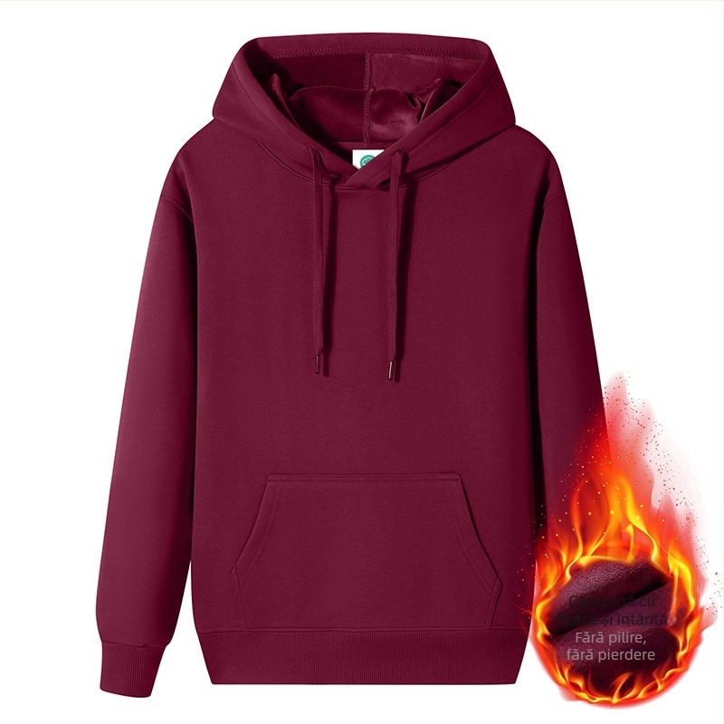 Hanorac cu glugă din bumbac compozit, căptușit cu lână și fleece, croială lejeră (Material principal: bumbac compozit, Captusire: lână, Grosime: fleece, Croială: lejer, Greutate: 400g+)