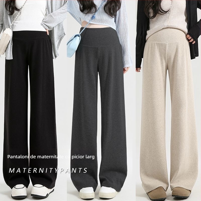 Pantaloni de maternitate cu croială largă, talie joasă, fără presiune asupra abdomenului, Chenille căptușit cu fleece