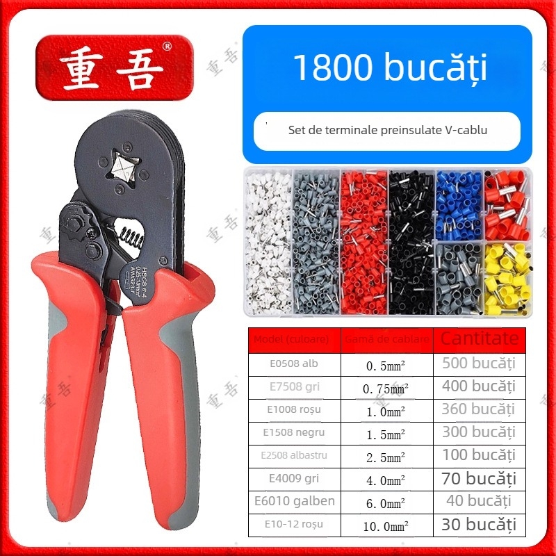 Set de clește pentru terminale tub tip preizolat, Chongwu, oțel mangan, 325 g, economie de efort