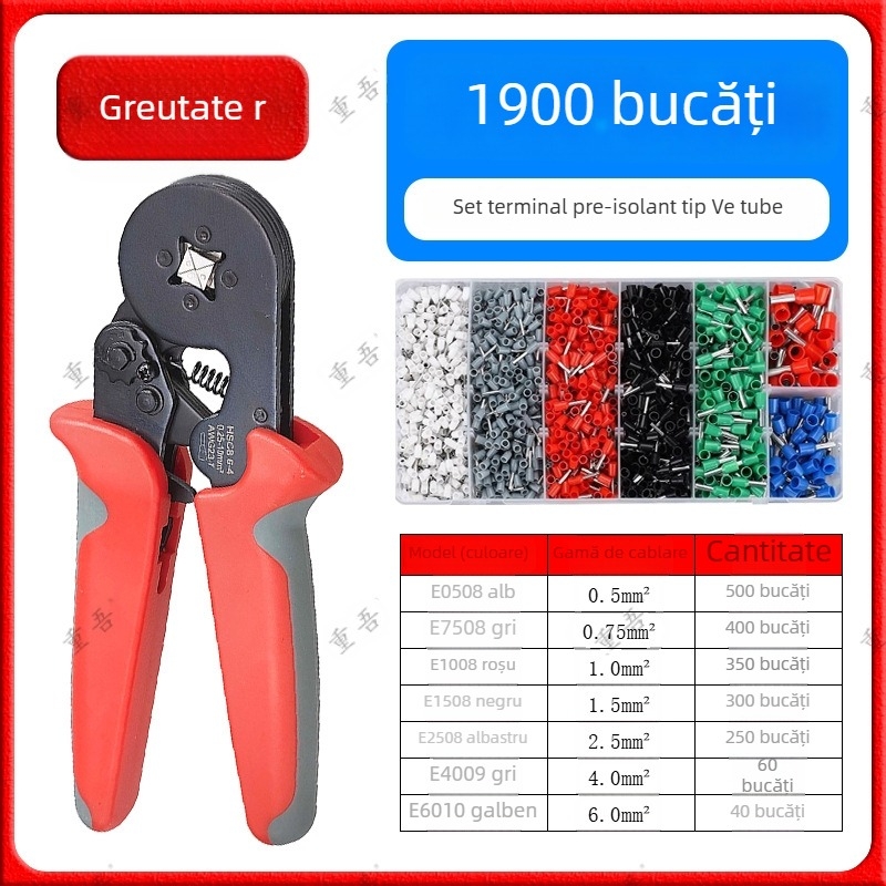 Set de clește pentru terminale tub tip preizolat, Chongwu, oțel mangan, 325 g, economie de efort