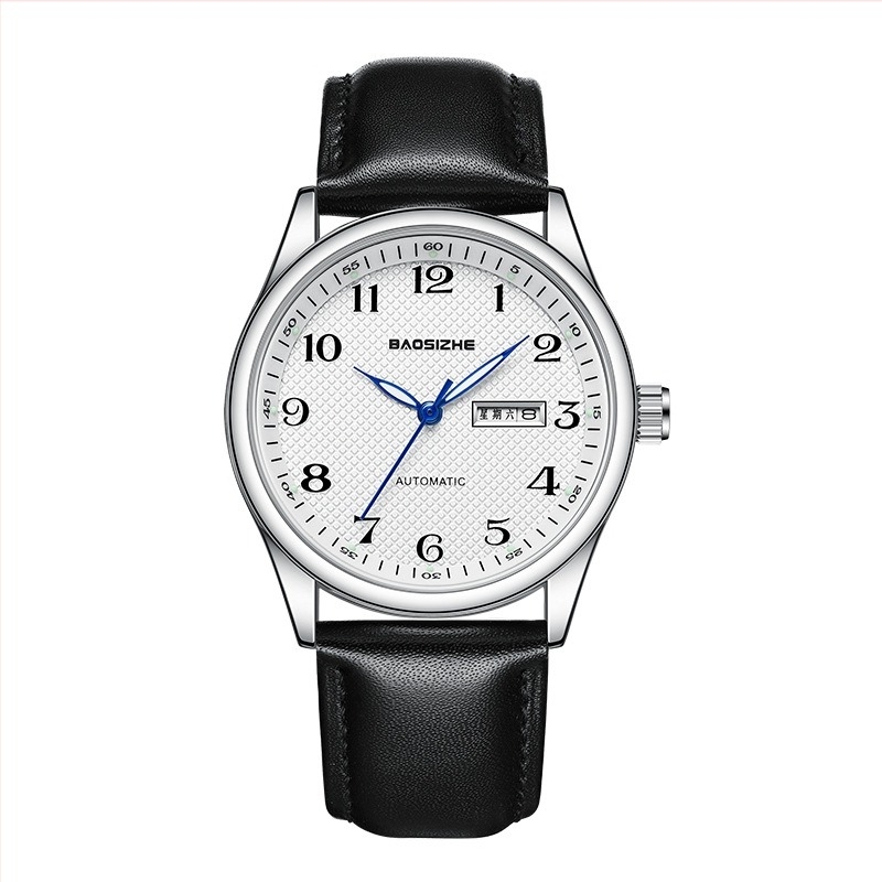 Bao Sizhe Ceas mecanic automat pentru cuplu, calendar și afișaj săptămânal, mâini luminoase, curea din piele naturală, rezistență la apă 30m