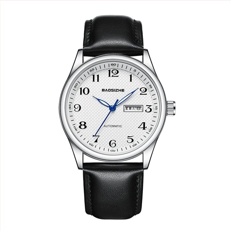 Bao Sizhe Ceas mecanic automat pentru cuplu, calendar și afișaj săptămânal, mâini luminoase, curea din piele naturală, rezistență la apă 30m