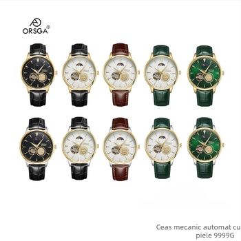 ORSGA Ceas mecanic cu fază a lunii și fereastră a mecanismului; Mișcare: Mișcare mecanică originală (origine China); Carcasă: aliaj; Curea: oțel inoxidabil; Rezistență la apă: 30M