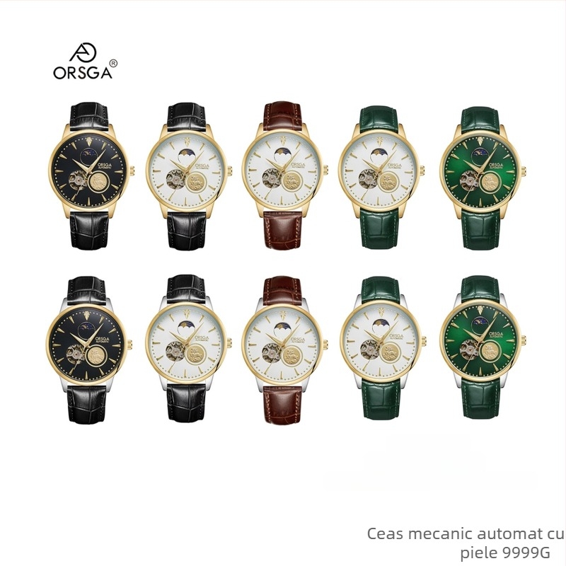 ORSGA Ceas mecanic cu fază a lunii și fereastră a mecanismului; Mișcare: Mișcare mecanică originală (origine China); Carcasă: aliaj; Curea: oțel inoxidabil; Rezistență la apă: 30M