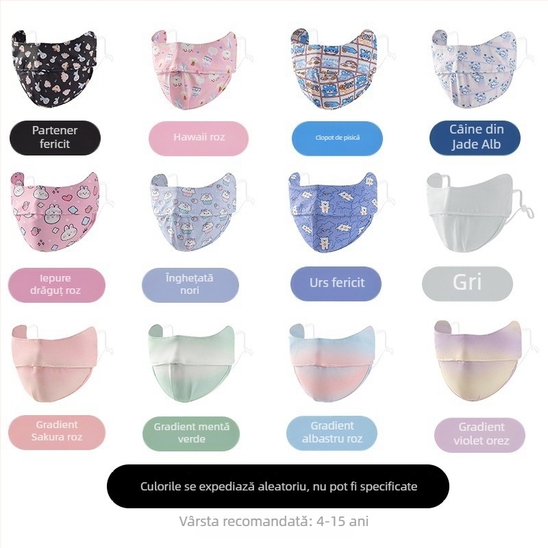 Mască pentru copii din Ice Silk, protecție UV UPF50+, model Cartoon drăguț, cu bretele pentru urechi, finisaj satin