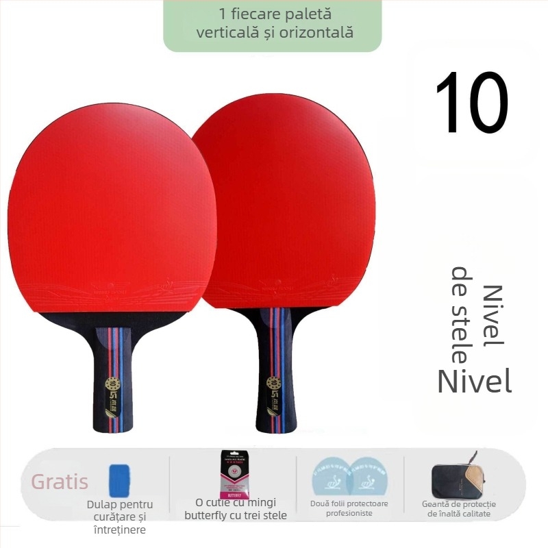Rachetă de tenis de masă, gumă dublă pe ambele fețe, elasticitate înaltă, lamă din fibră de carbon, lovire directă, set de antrenament pentru studenți și adulți