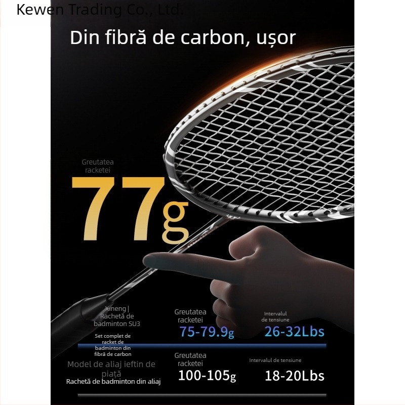 Rachetă de badminton – Kewen, cadru din fibră de carbon, greutate 75–79 g, grosime mâner G-3, duritate moderată