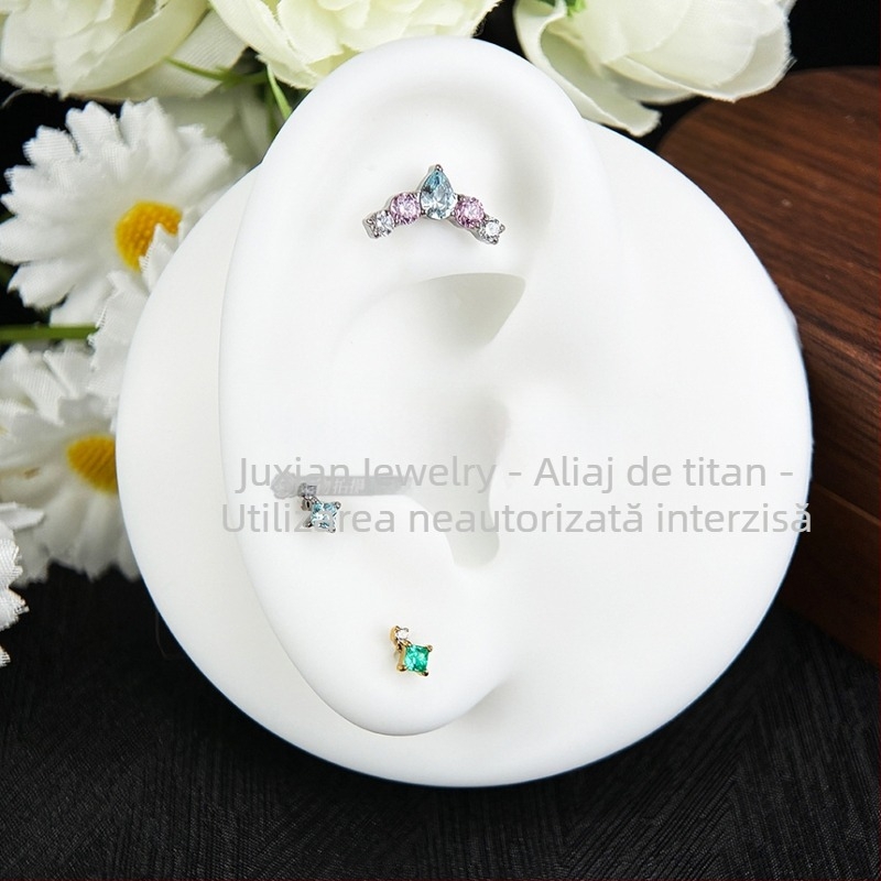 Set de bijuterii piercing din aliaj de titan cu zirconiu – cercei geometrici unisex, studs pentru nas și buze, filet intern, puritate G23