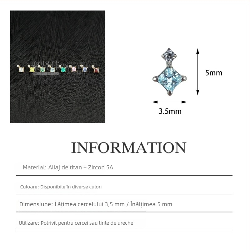 Set de bijuterii piercing din aliaj de titan cu zirconiu – cercei geometrici unisex, studs pentru nas și buze, filet intern, puritate G23