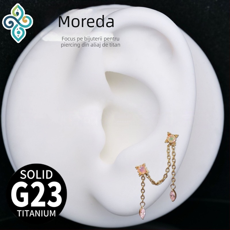 Cercei din aliaj de titan G23, unisex, formă ochi de cal, lanț dublu pentru lob, lanț os ureche, finisaj lucios