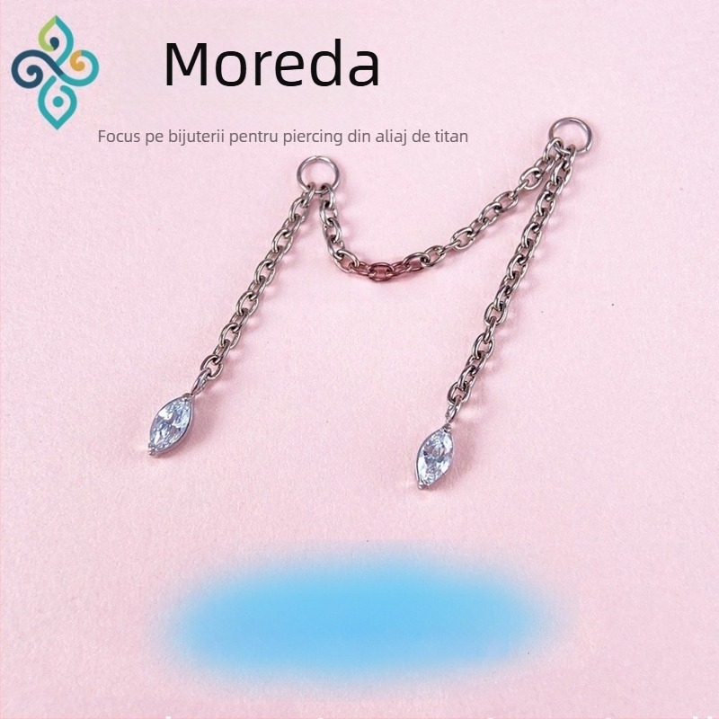 Cercei din aliaj de titan G23, unisex, formă ochi de cal, lanț dublu pentru lob, lanț os ureche, finisaj lucios