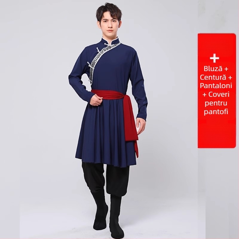 Îmbrăcăminte etnică mongolă pentru bărbați – croială relaxată, cardigan cu guler stand, mâneci lungi, 100% poliester