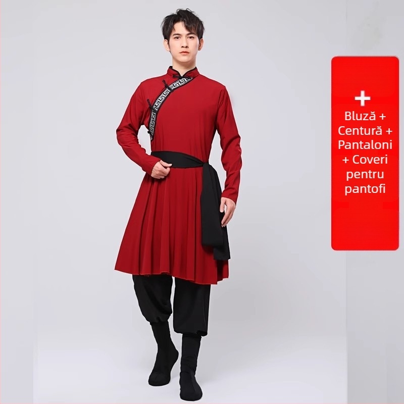 Îmbrăcăminte etnică mongolă pentru bărbați – croială relaxată, cardigan cu guler stand, mâneci lungi, 100% poliester