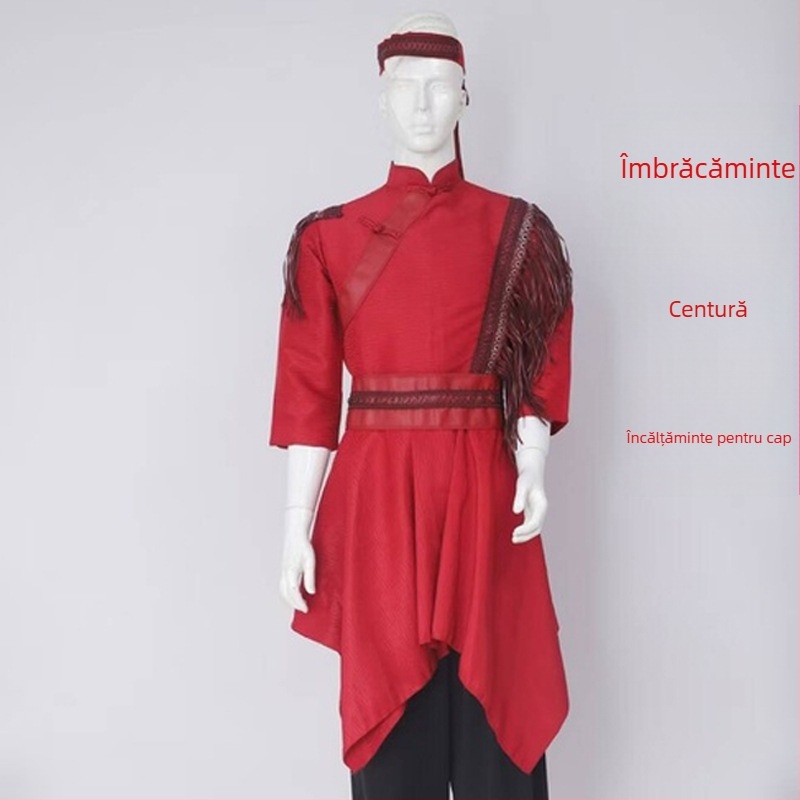 Îmbrăcăminte etnică mongolă pentru bărbați – croială relaxată, cardigan cu guler stand, mâneci lungi, 100% poliester