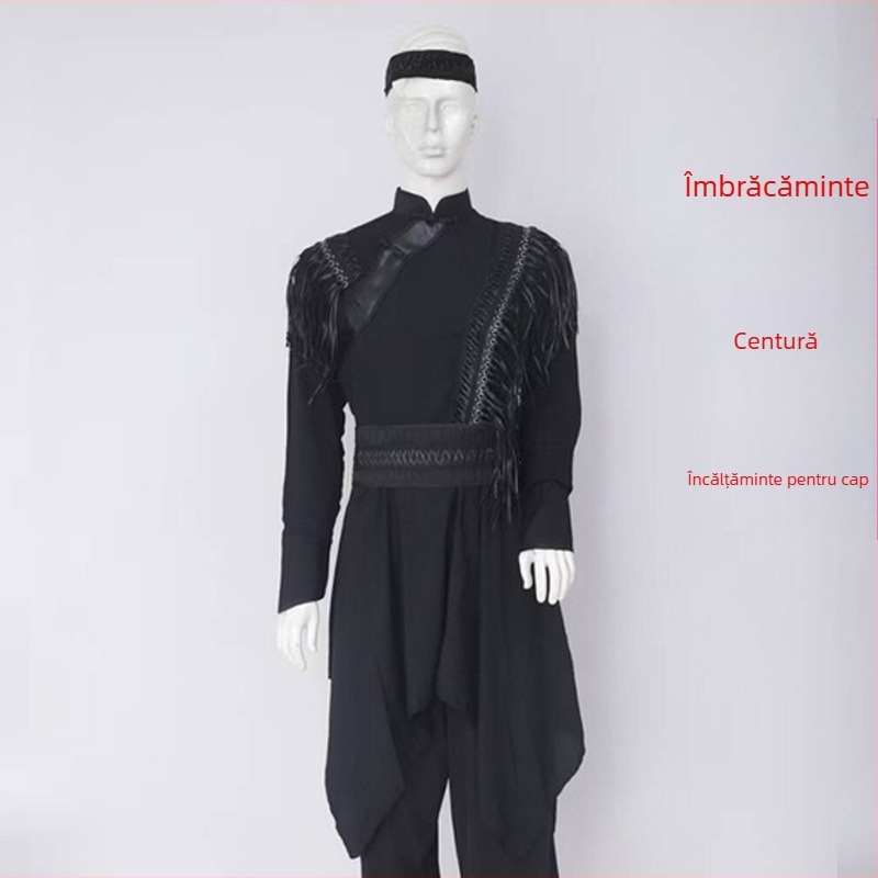 Îmbrăcăminte etnică mongolă pentru bărbați – croială relaxată, cardigan cu guler stand, mâneci lungi, 100% poliester