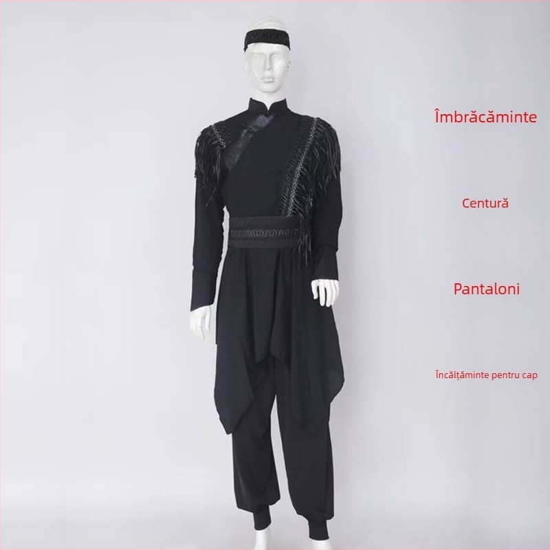 Îmbrăcăminte etnică mongolă pentru bărbați – croială relaxată, cardigan cu guler stand, mâneci lungi, 100% poliester