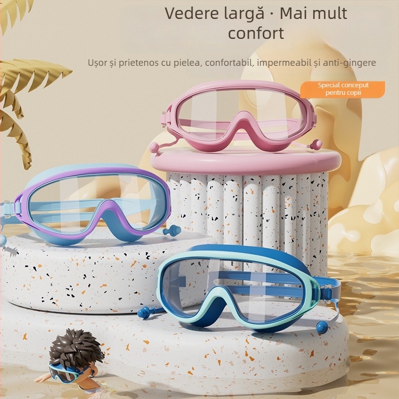 Ochelari de înot pentru copii cu căciulă, set de trei piese, lentile PC, anti-ceață, impermeabili