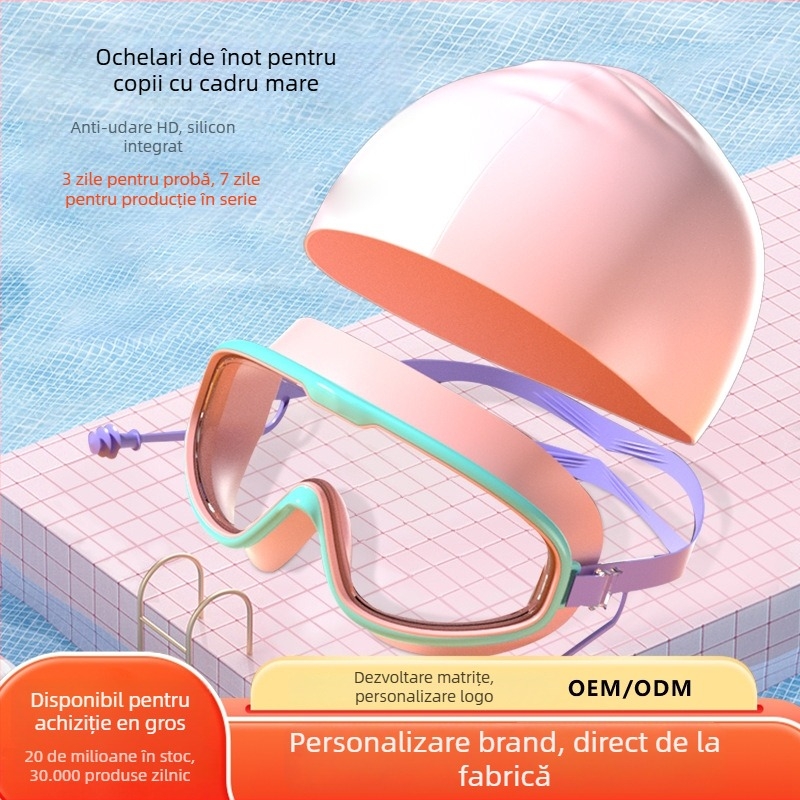 Set ochelari de înot pentru copii, cu ramă mare și șapcă, lentile PC, anti-fog, impermeabili